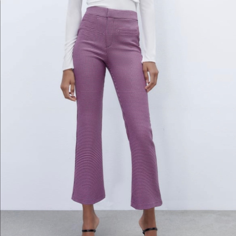 Pink and Black Herringbone cropped, flared pant